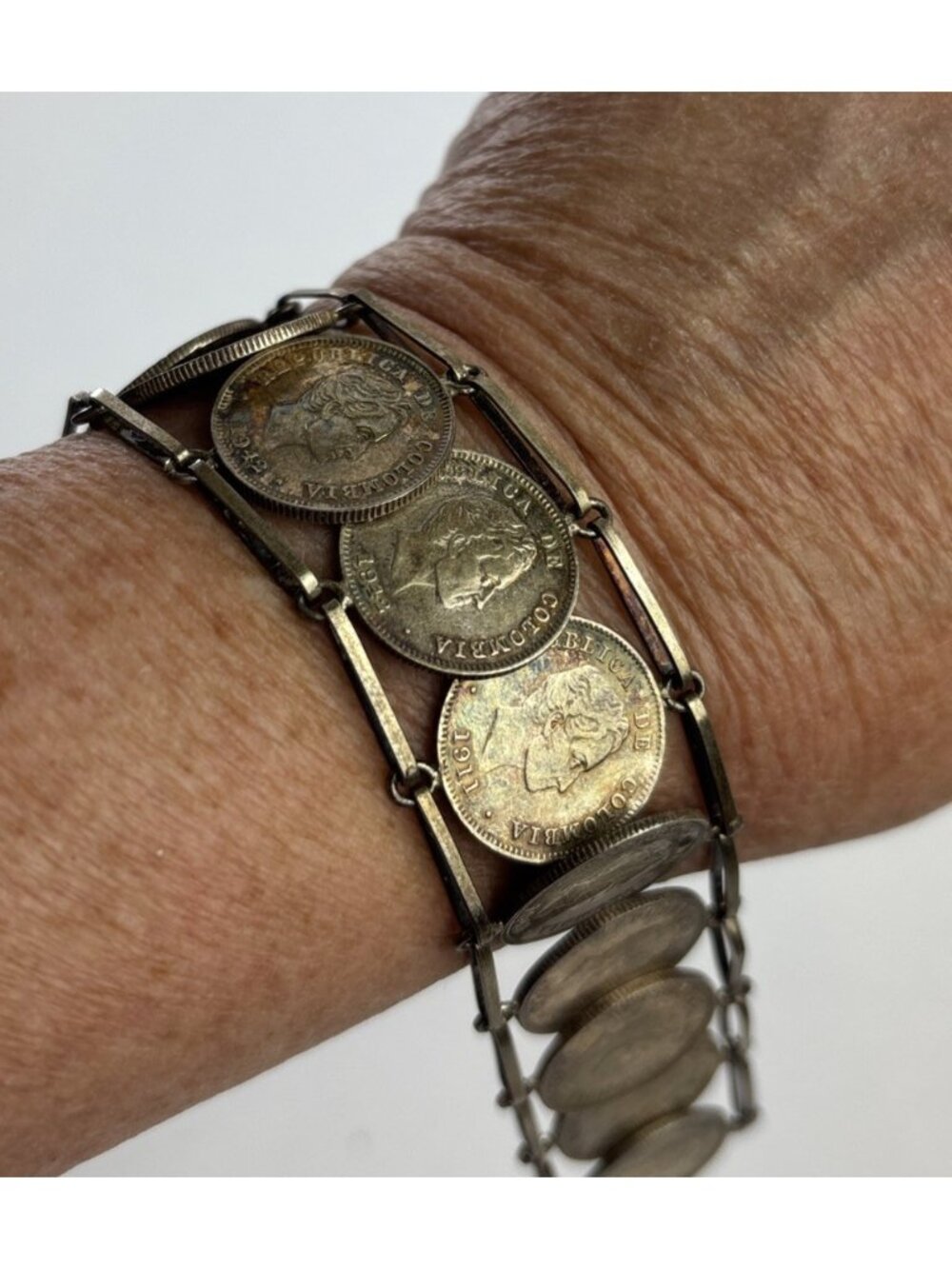 Vintage Silver Coin Link Bracelet Made Of Colombian Coins